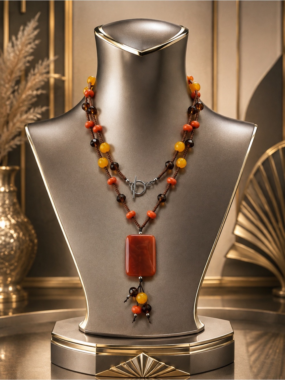 🆕🔥Handcrafted Cornelian and Glass Beaded Statement Necklace